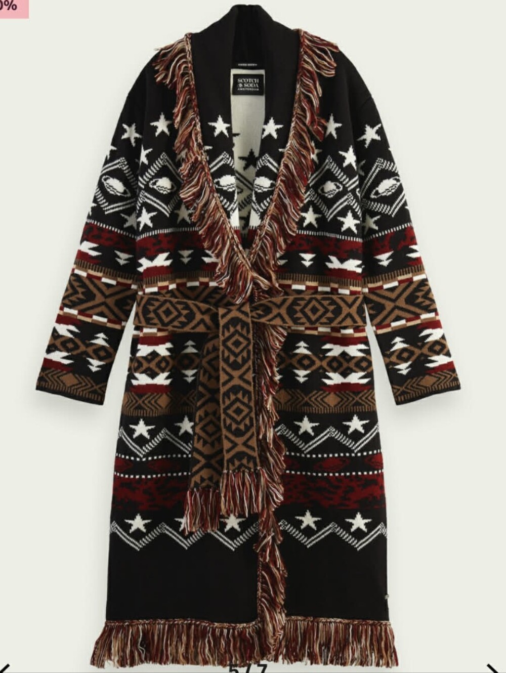 Scotch & Soda Jacquard Pattern Long Cardigan With Fringes Large